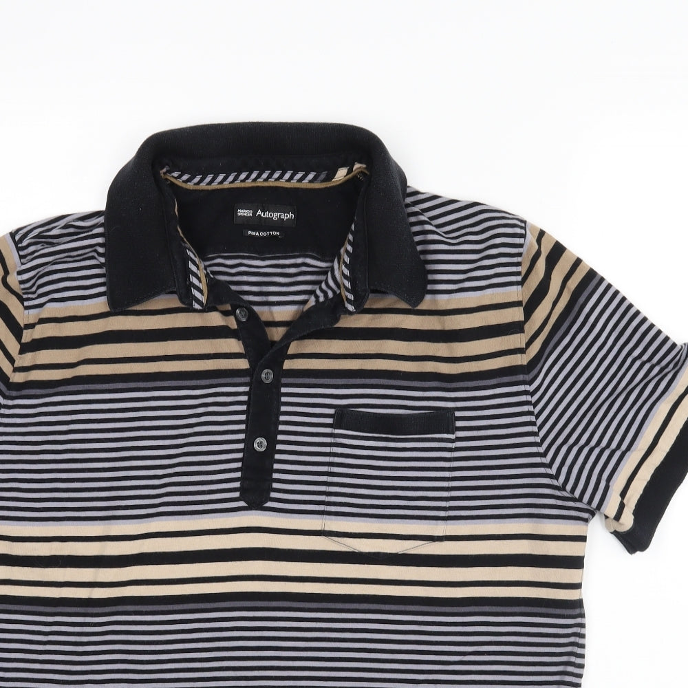 M&S Mens Black Striped   Polo Size L