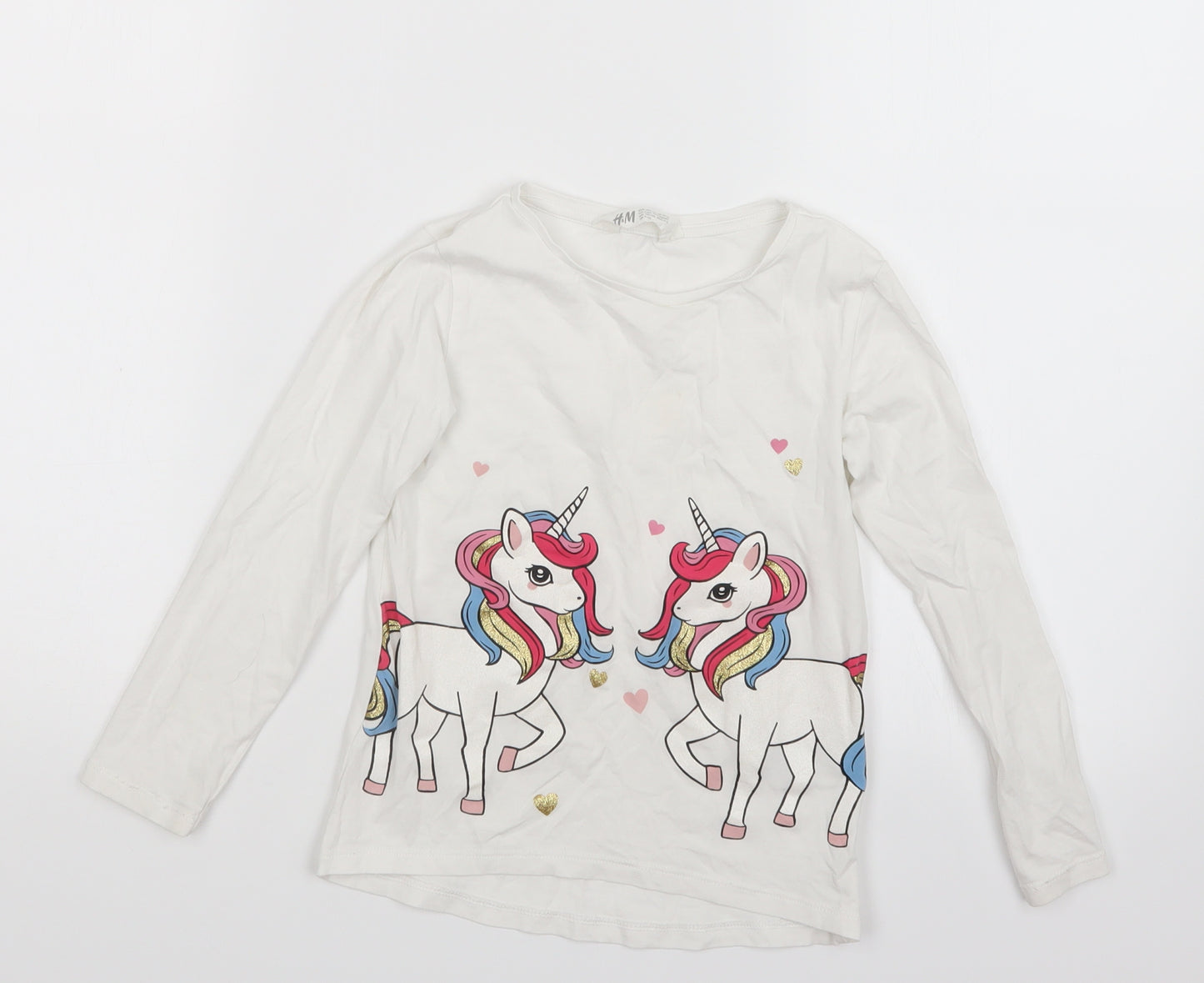 H&M Girls White   Basic T-Shirt Size 4-5 Years  - Unicorn