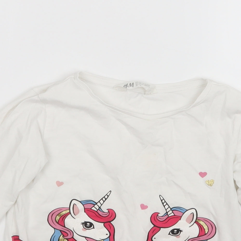 H&M Girls White   Basic T-Shirt Size 4-5 Years  - Unicorn