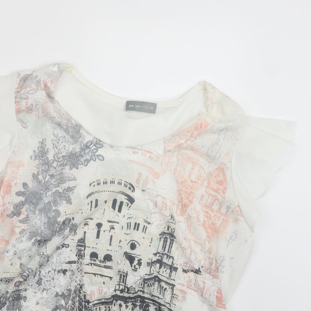 Per Una Womens White Geometric  Basic T-Shirt Size 14