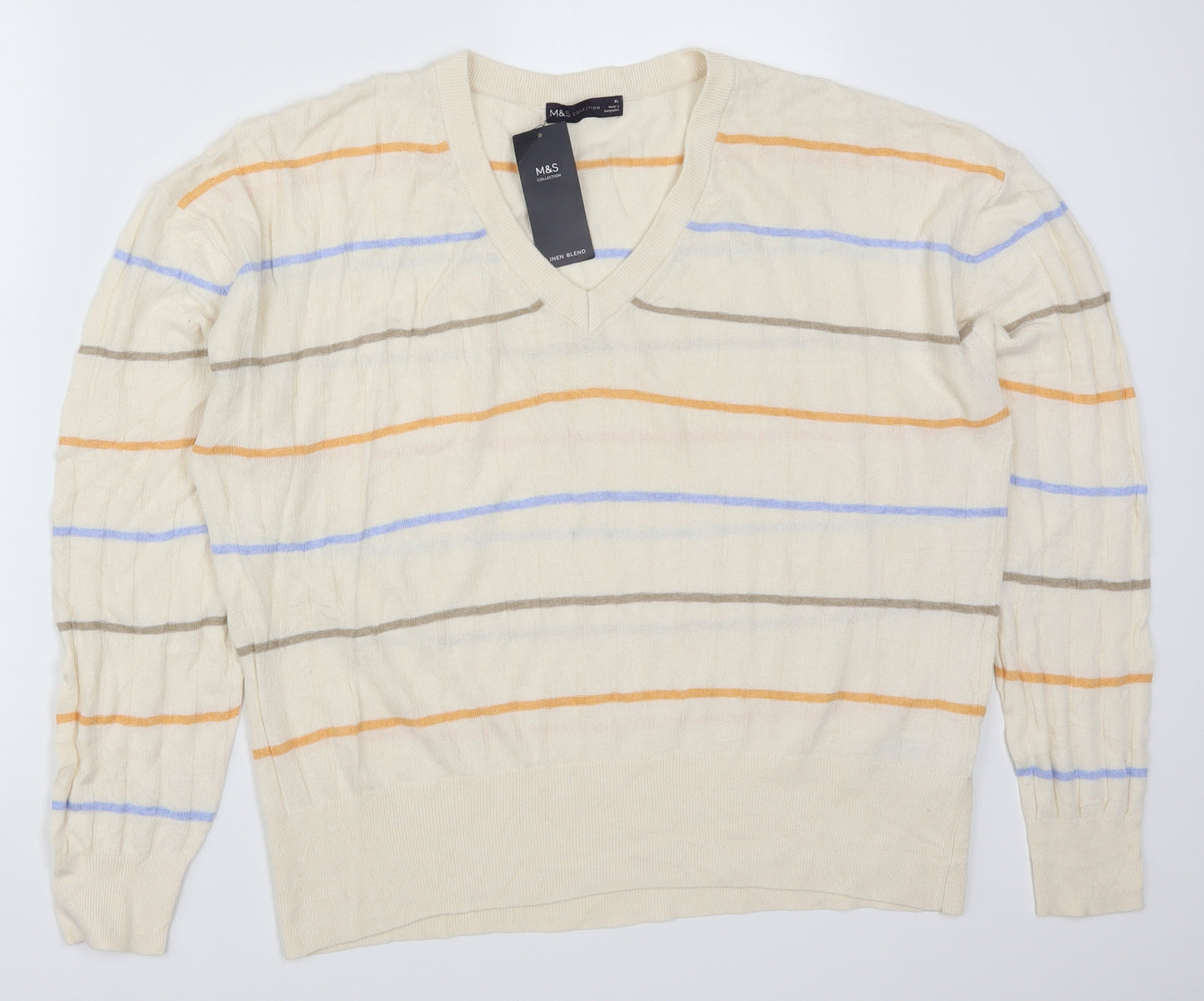 Marks and Spencer Mens Ivory Striped  Pullover Jumper Size XL  - Orange and Blue Stripes