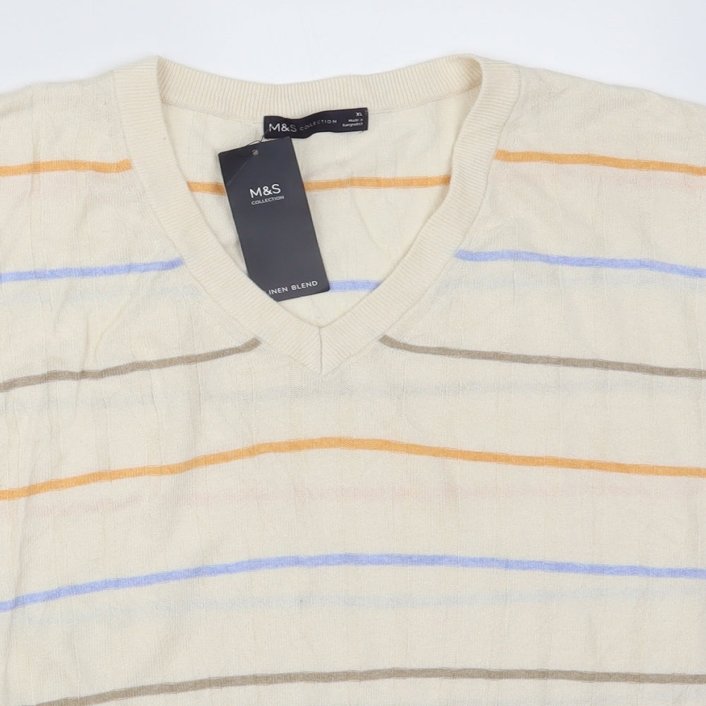 Marks and Spencer Mens Ivory Striped  Pullover Jumper Size XL  - Orange and Blue Stripes