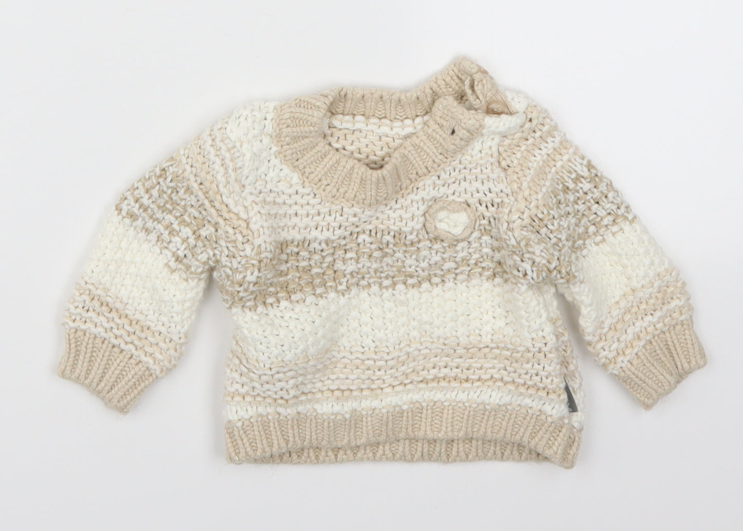 Nutmeg Girls Beige Striped Knit Pullover Jumper Size 9-12 Months