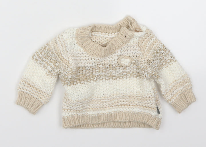 Nutmeg Girls Beige Striped Knit Pullover Jumper Size 9-12 Months
