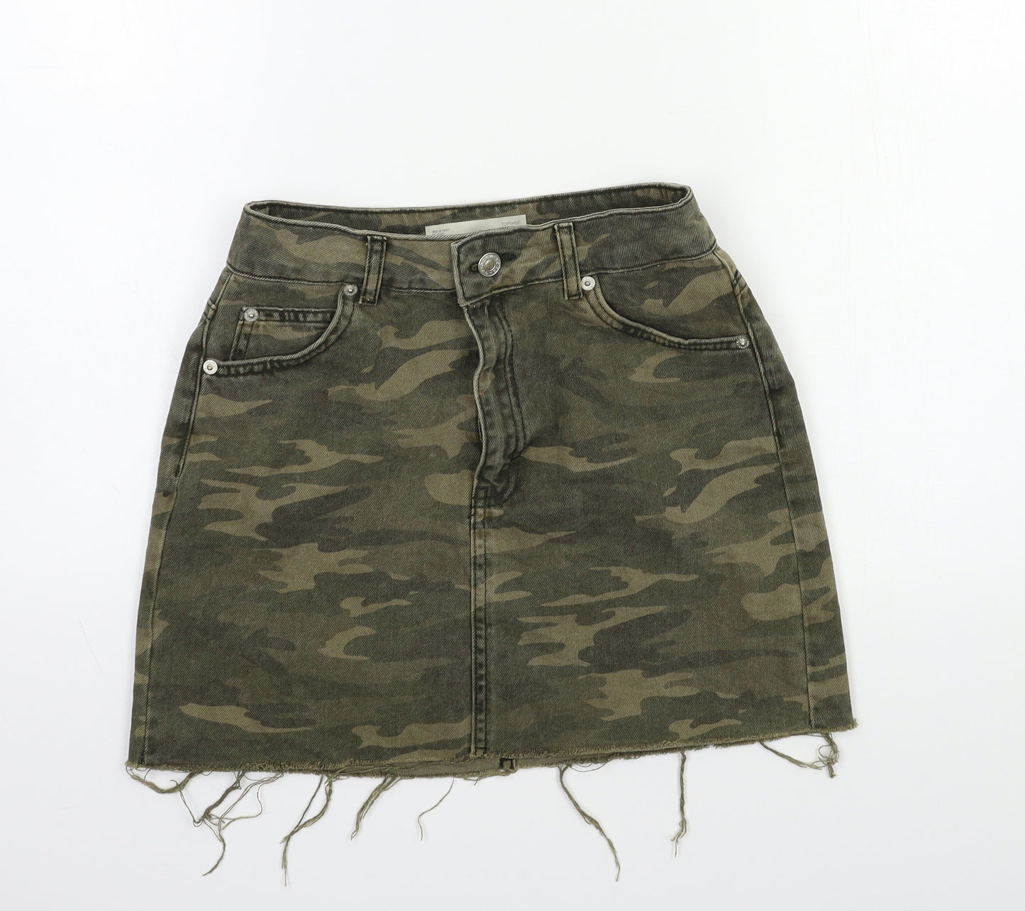 Topshop Womens Green Camouflage Denim Mini Skirt Size 6