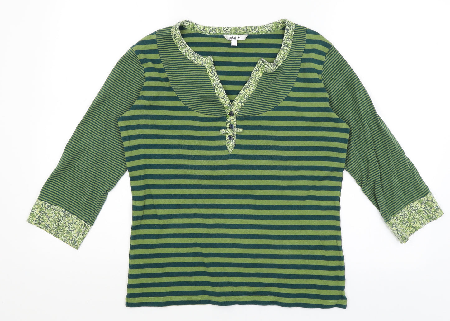 M&Co Womens Green Striped  Basic T-Shirt Size L