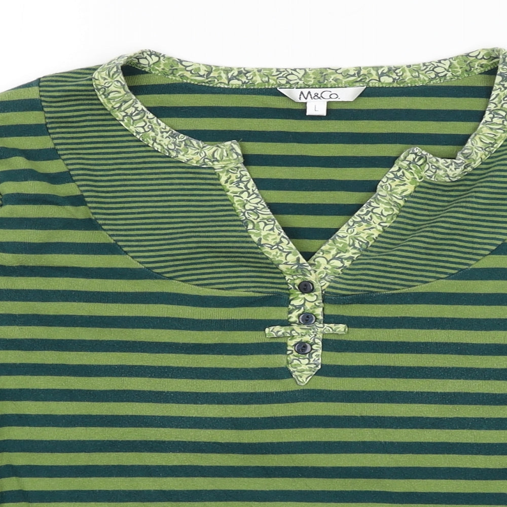 M&Co Womens Green Striped  Basic T-Shirt Size L