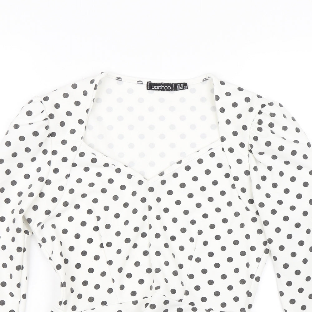 Boohoo Womens White Polka Dot  Basic Blouse Size 10
