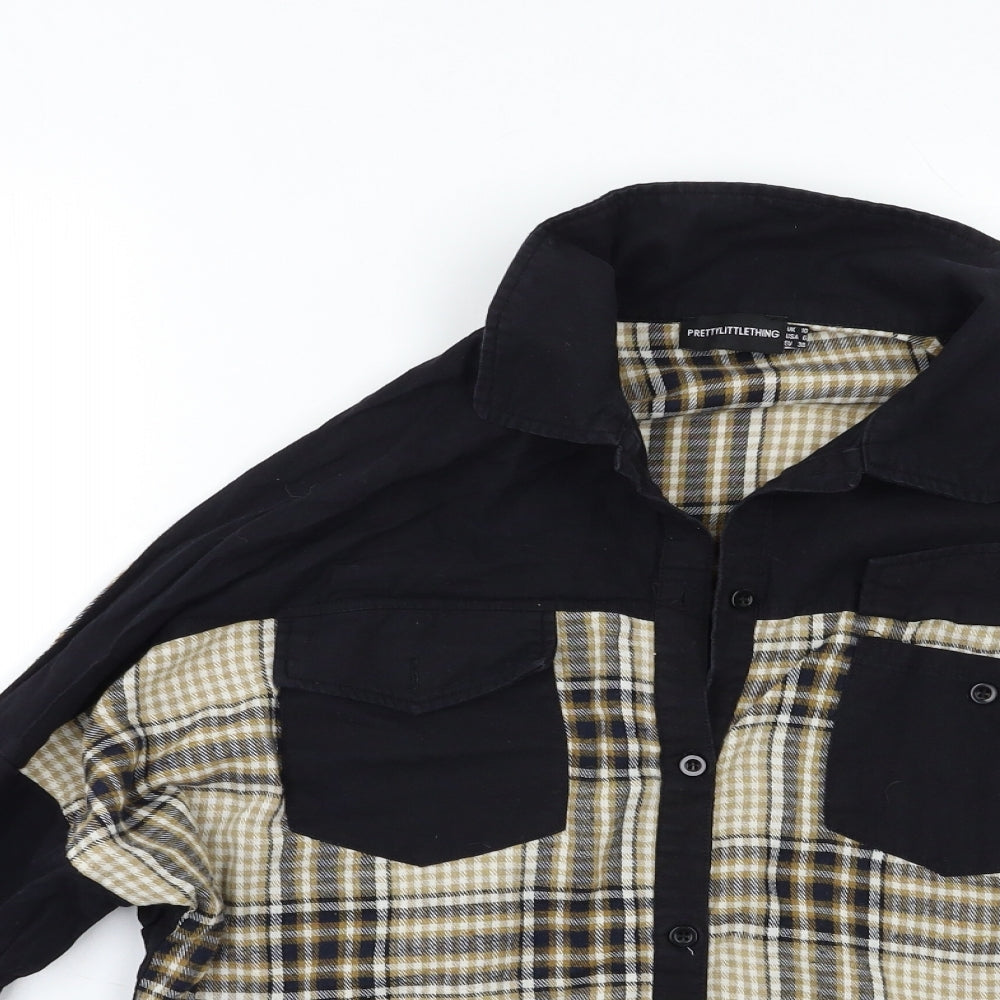 PRETTYLITTLETHING Womens Beige Check  Basic Button-Up Size 10