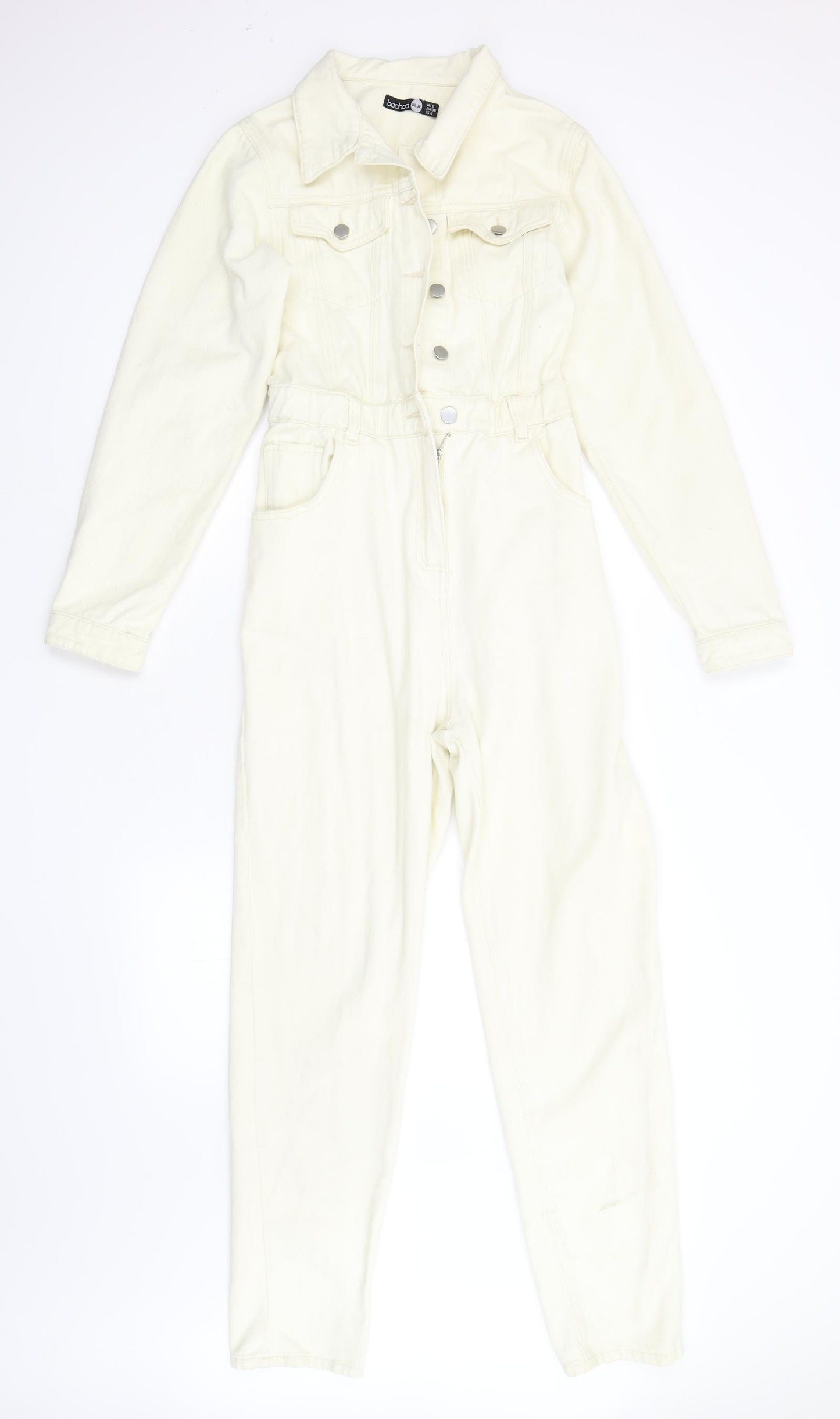 Boohoo Womens Ivory  Denim Jumpsuit One-Piece Size 8 L28 in