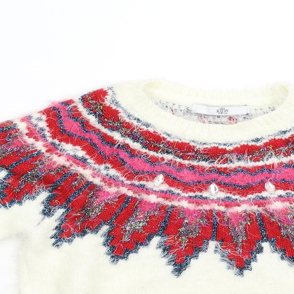 M&S Girls White Geometric Knit Pullover Jumper Size 9-10 Years