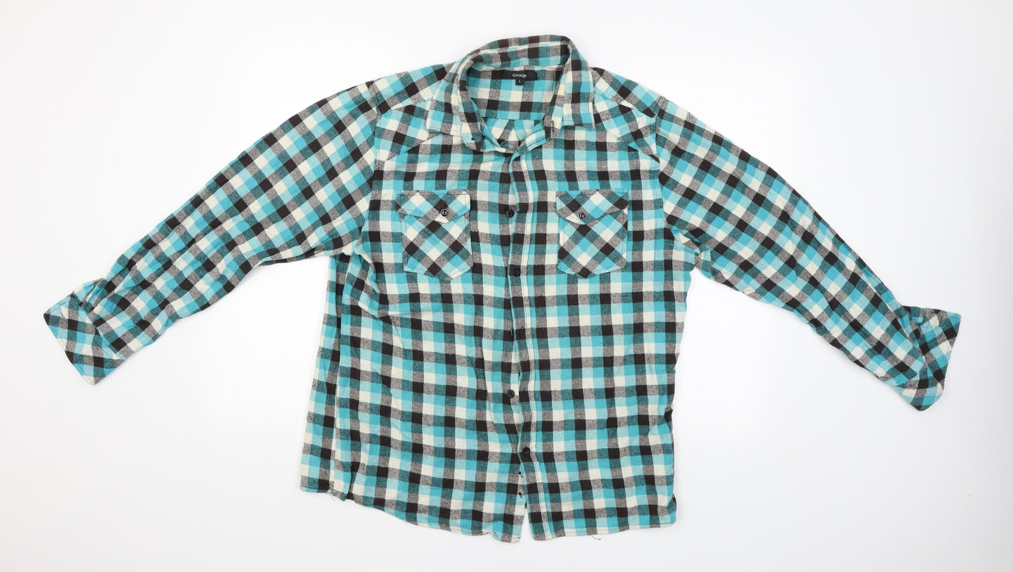 George Mens Blue Check   Button-Up Size L
