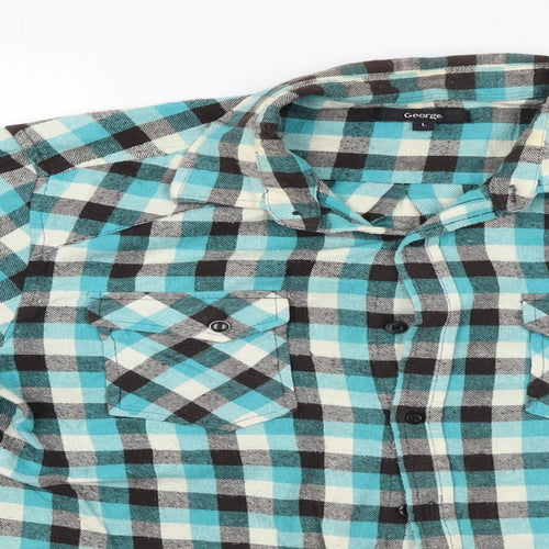 George Mens Blue Check   Button-Up Size L
