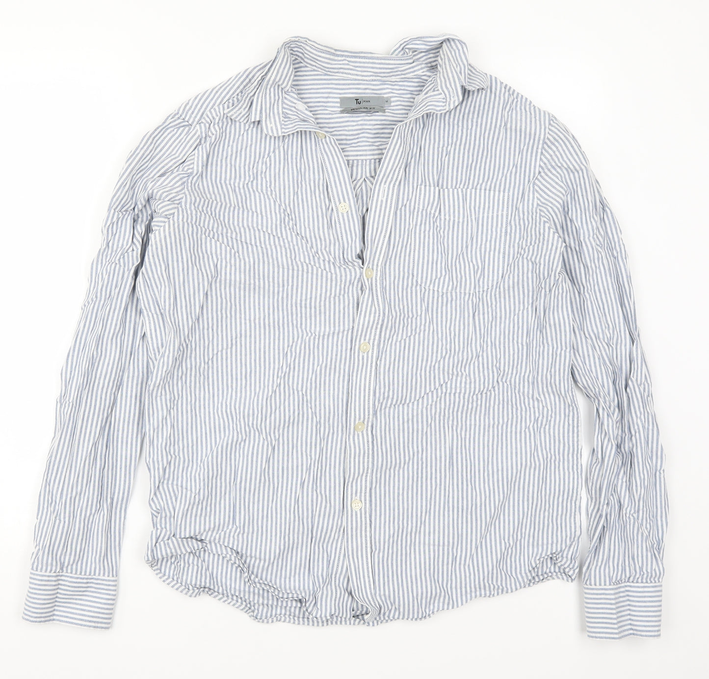 TU Mens Blue Striped   Button-Up Size M