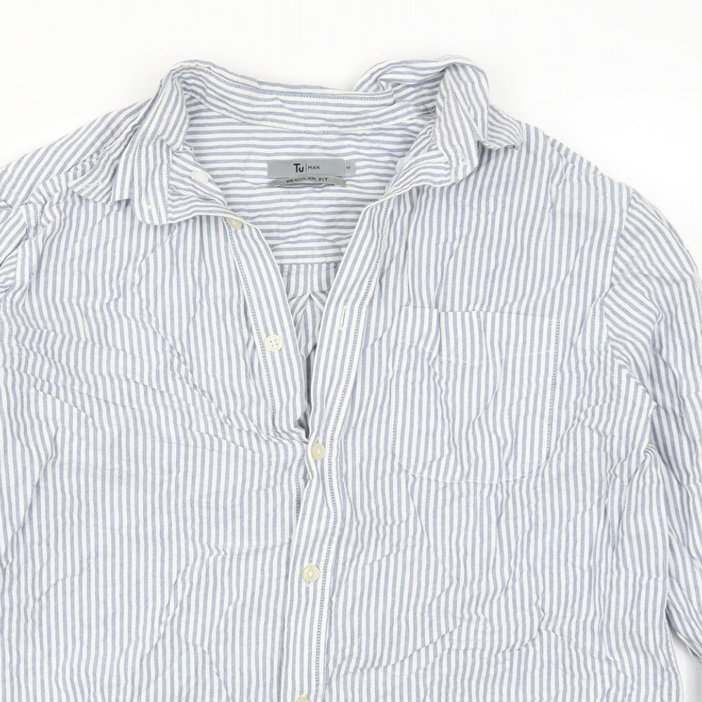 TU Mens Blue Striped   Button-Up Size M