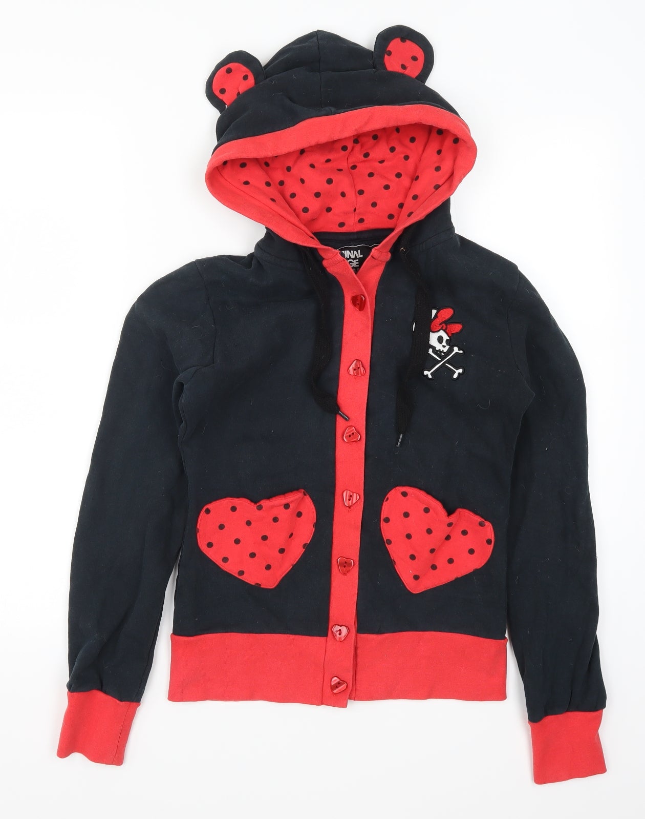 Criminal Damage Womens Black Polka Dot  Cardigan Hoodie Size S  - Red Heart Pockets