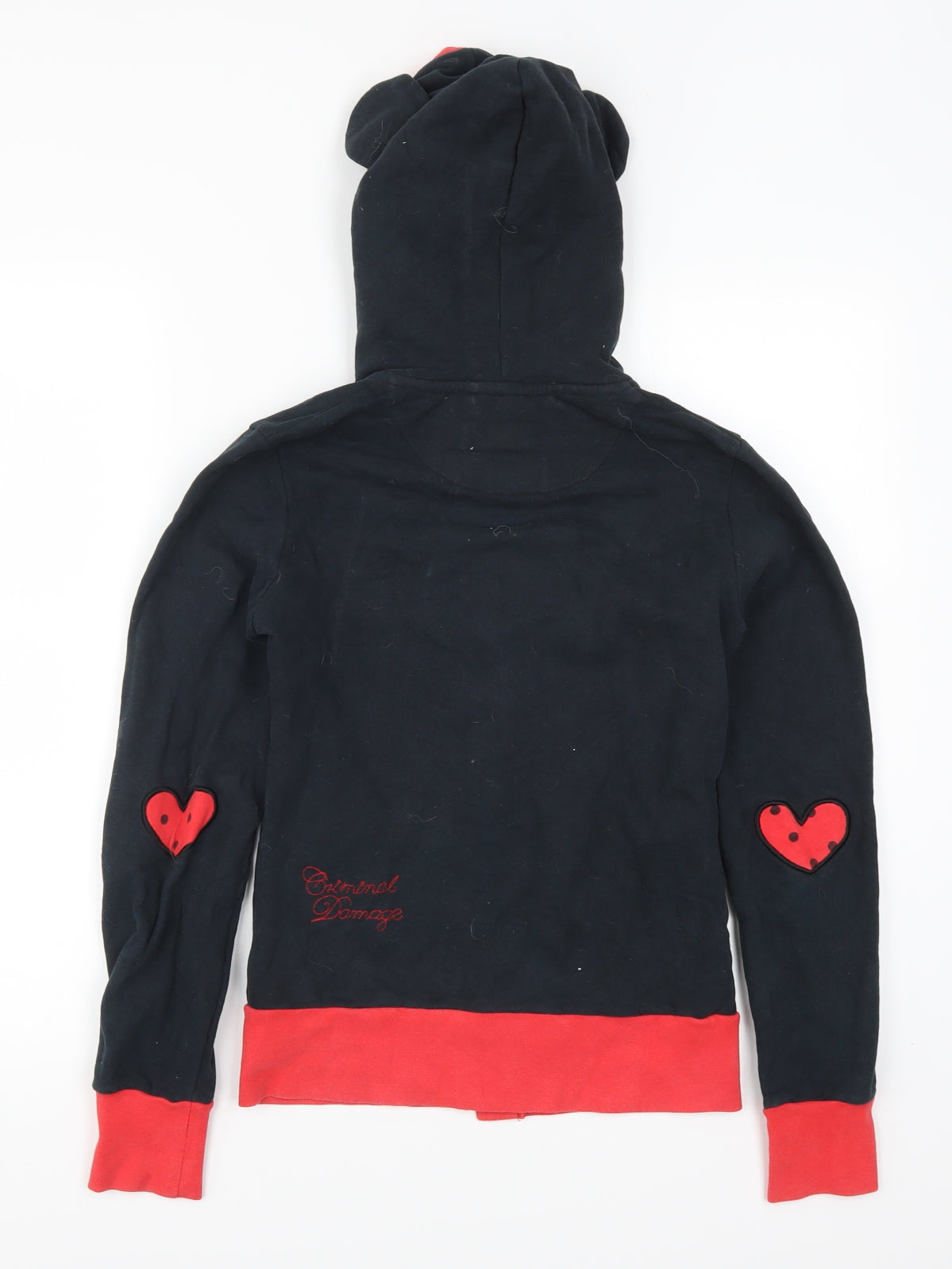 Criminal Damage Womens Black Polka Dot  Cardigan Hoodie Size S  - Red Heart Pockets