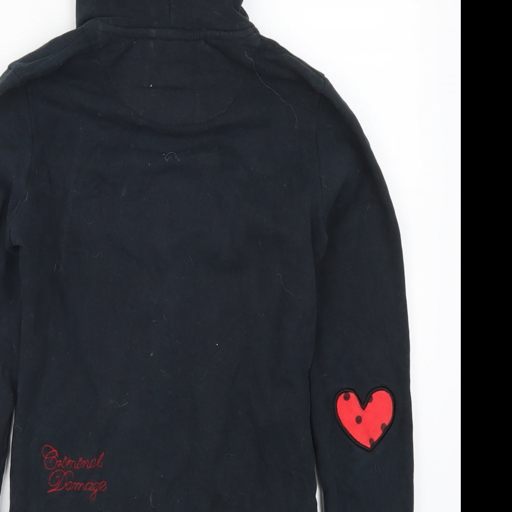 Criminal Damage Womens Black Polka Dot  Cardigan Hoodie Size S  - Red Heart Pockets