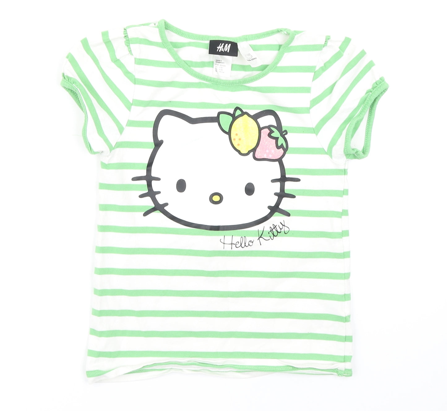 H&M Girls Green Striped  Basic T-Shirt Size 7-8 Years  - Hello Kitty