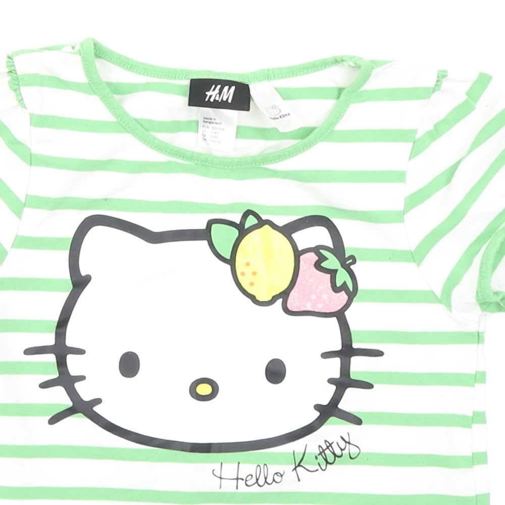 H&M Girls Green Striped  Basic T-Shirt Size 7-8 Years  - Hello Kitty
