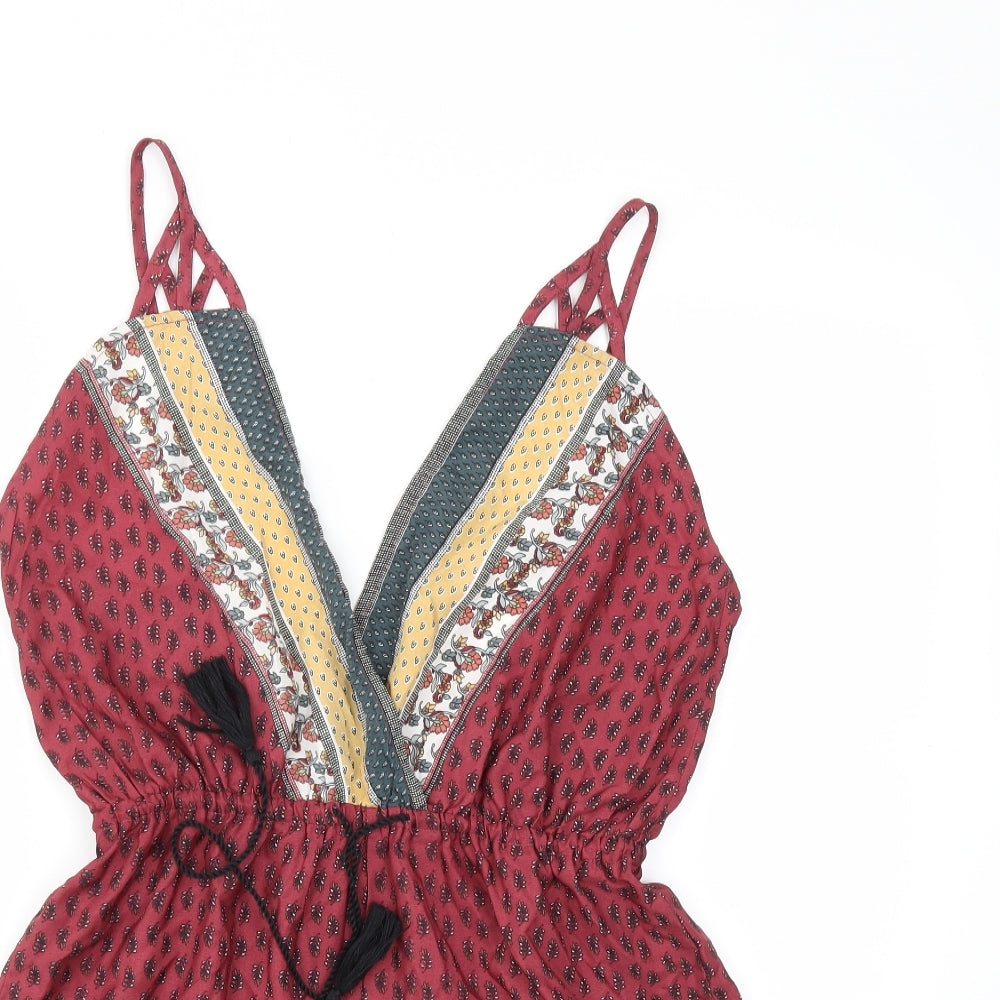Boohoo Womens Red Argyle/Diamond  Jumpsuit One-Piece Size 10