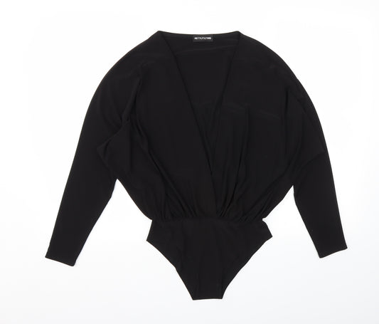 Front view of PRETTYLITTLETHING women’s black bodysuit one-piece, size UK 10
