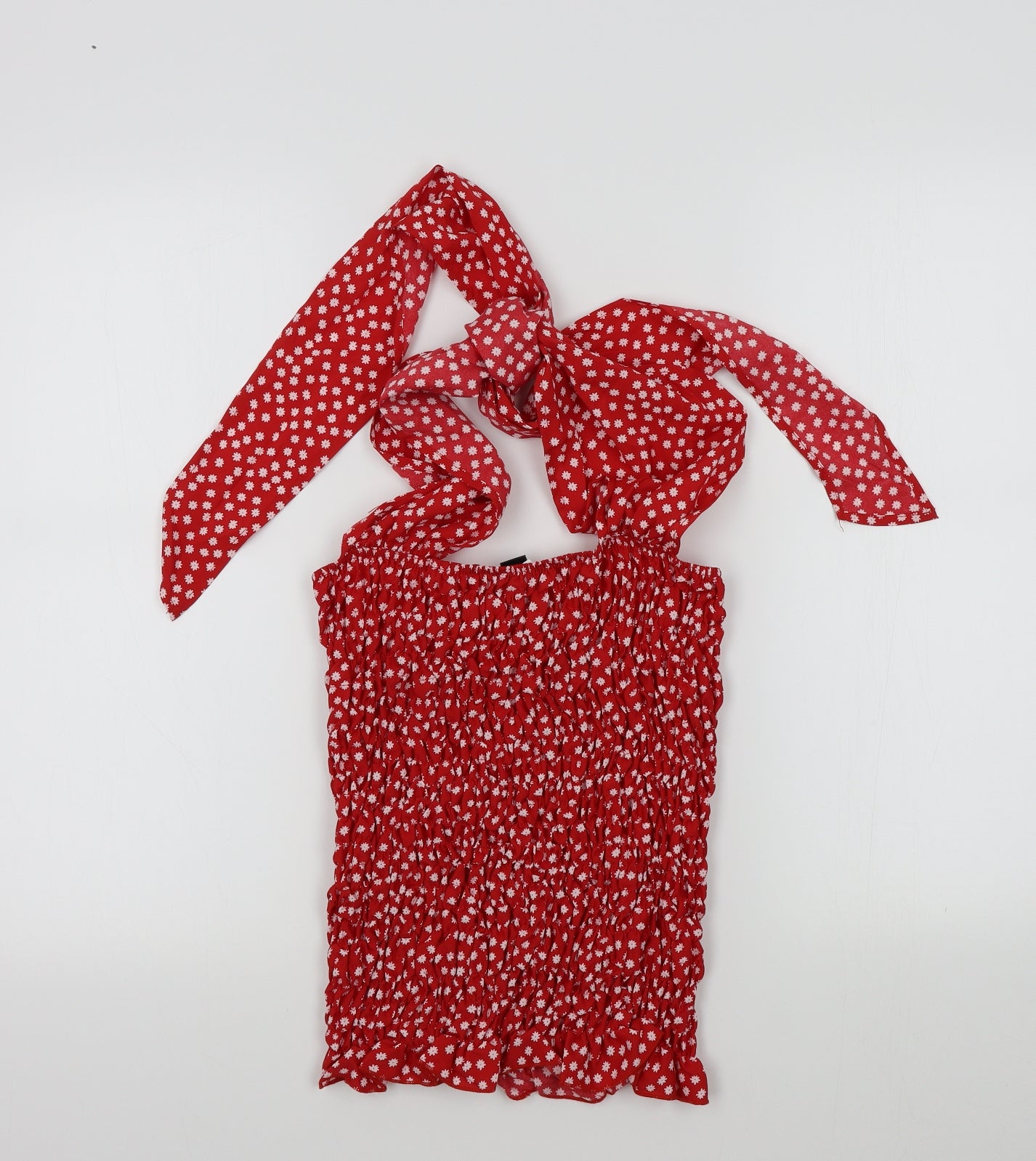 SheIn Womens Red Floral  Basic T-Shirt Size M  - tie neck detail