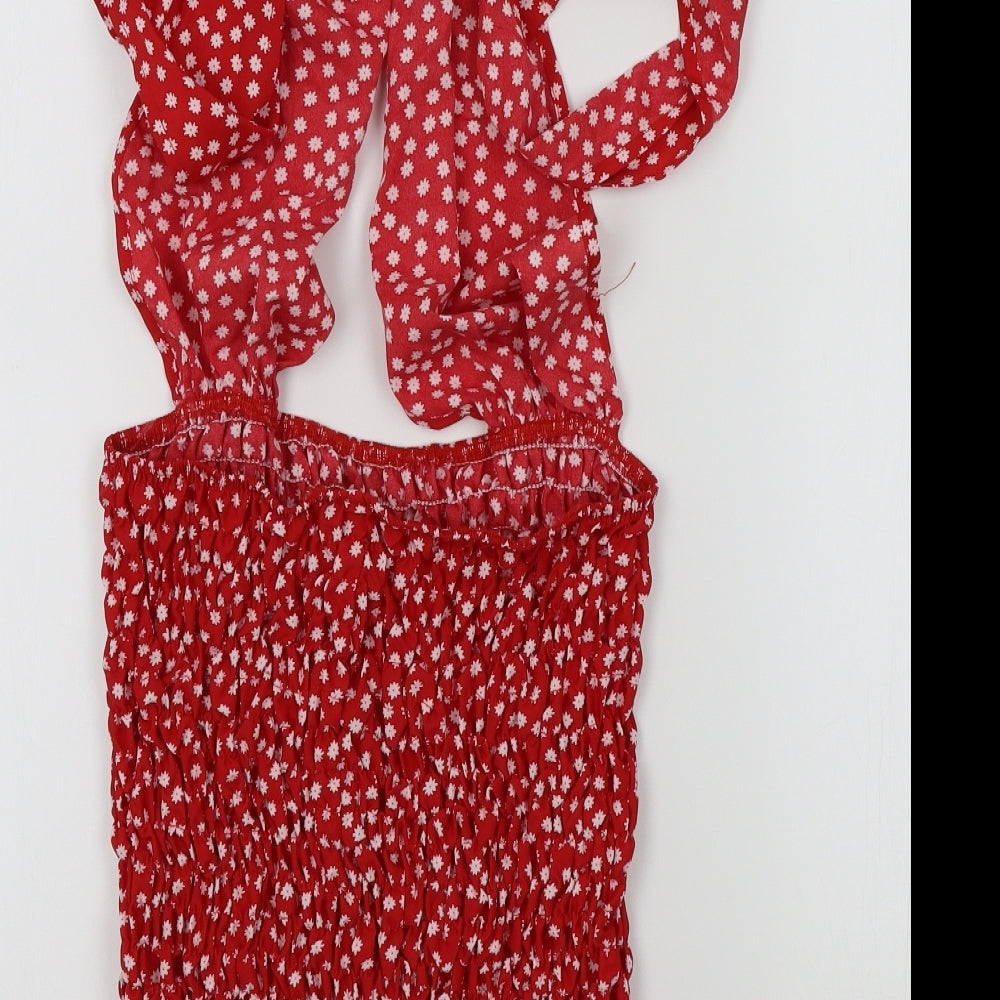 SheIn Womens Red Floral  Basic T-Shirt Size M  - tie neck detail