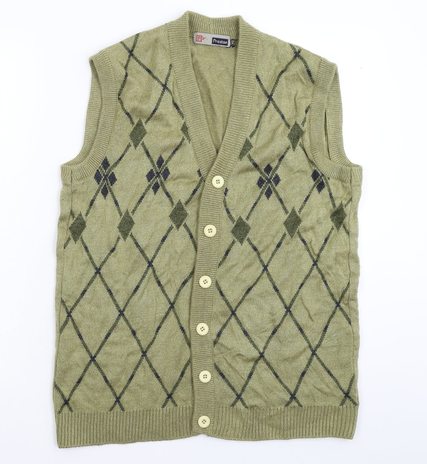 Preston Mens Green Check Knit Vest Jumper Size L