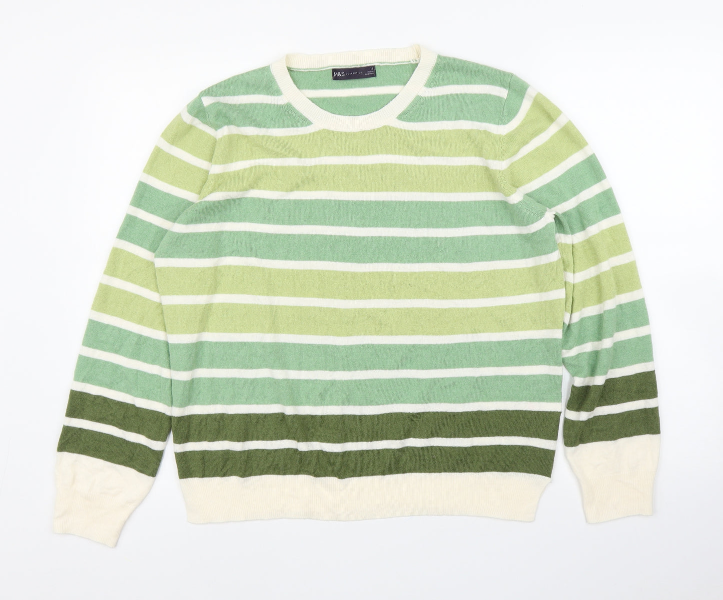 M&S Womens Green Striped  Pullover Jumper Size 16