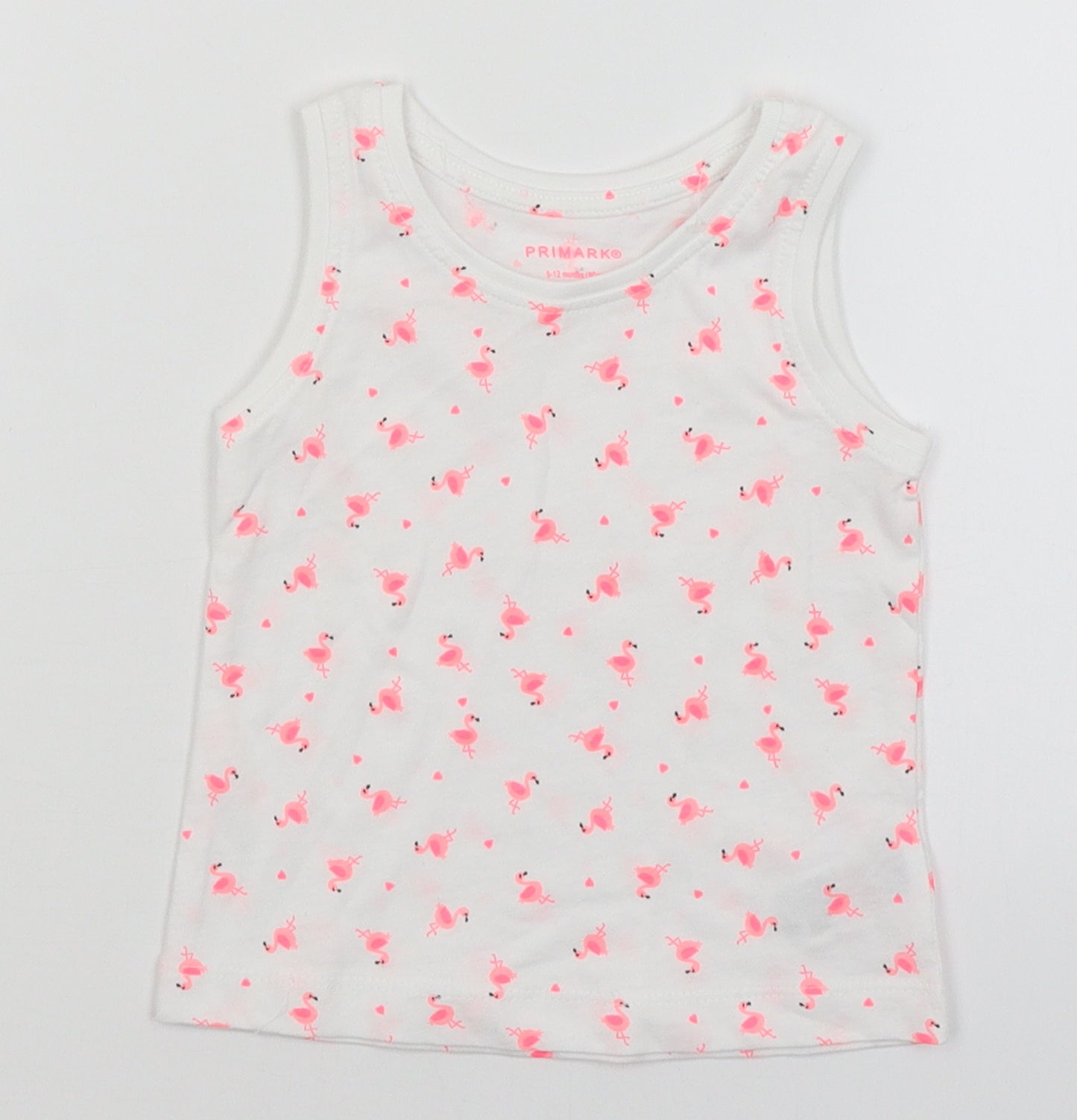 Primark Baby White   Basic Tank Size 9-12 Months  - Flamingoes