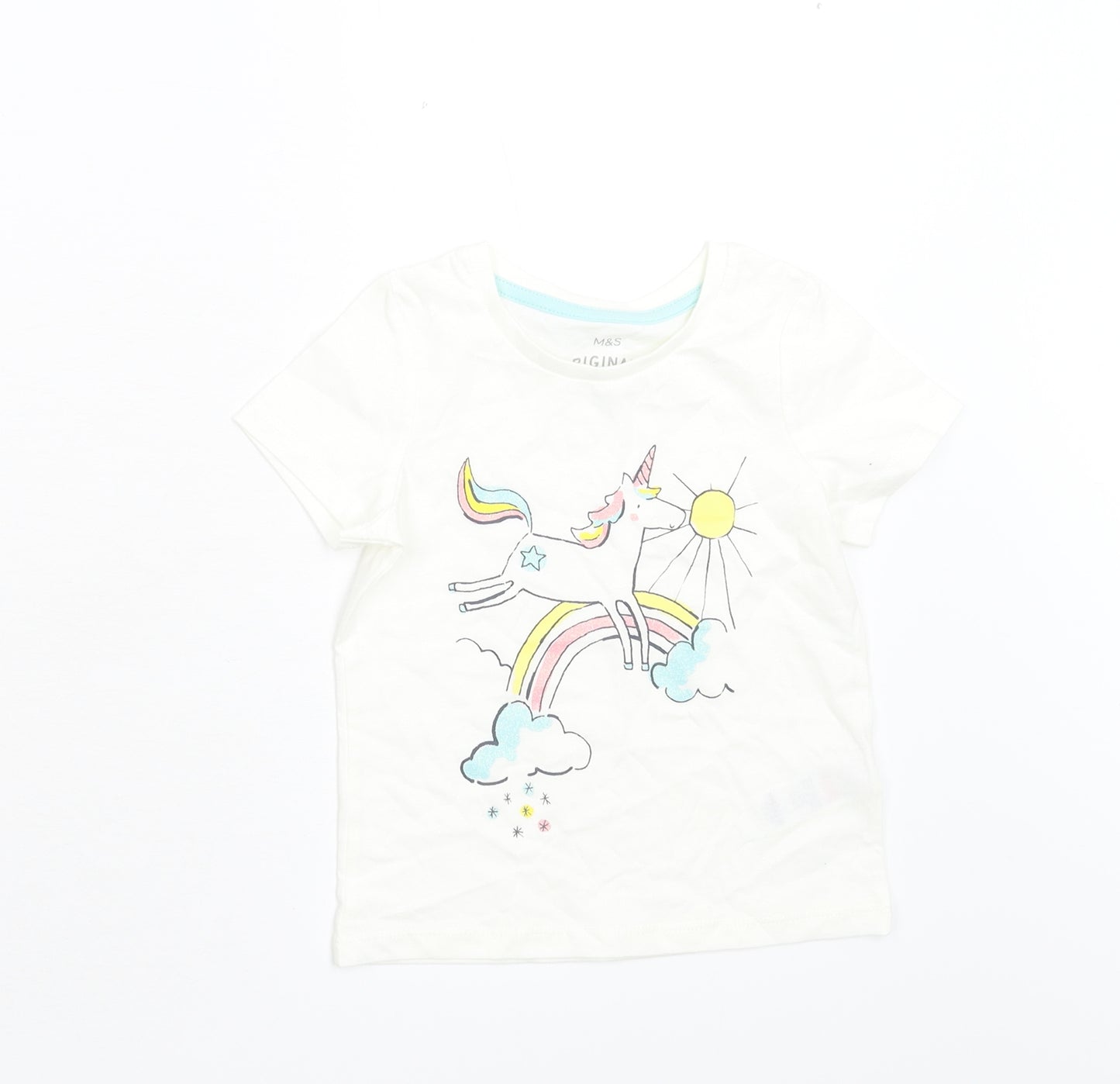 M&S Girls White   Basic T-Shirt Size 2-3 Years  - Unicorn
