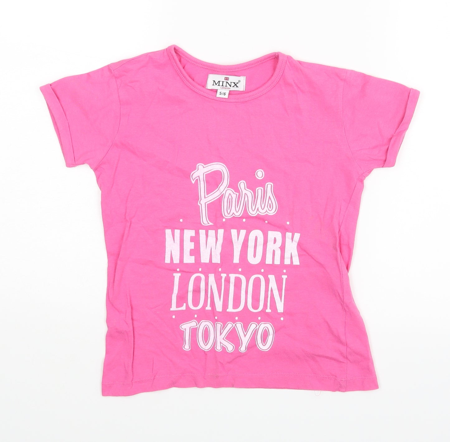 Minx Girls Pink   Basic T-Shirt Size 5-6 Years  - Paris, New York, London, Tokyo