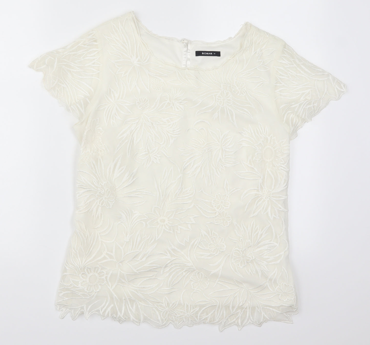 Roman Womens Ivory Floral  Basic T-Shirt Size 14