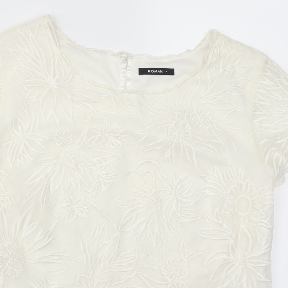 Roman Womens Ivory Floral  Basic T-Shirt Size 14