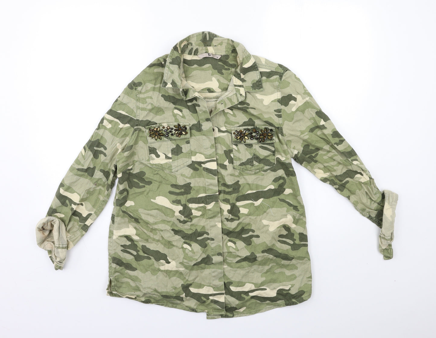 TU Womens Green Camouflage  Basic Button-Up Size 10