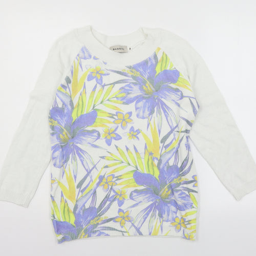 BASSINI Womens White Floral Knit Pullover Jumper Size M