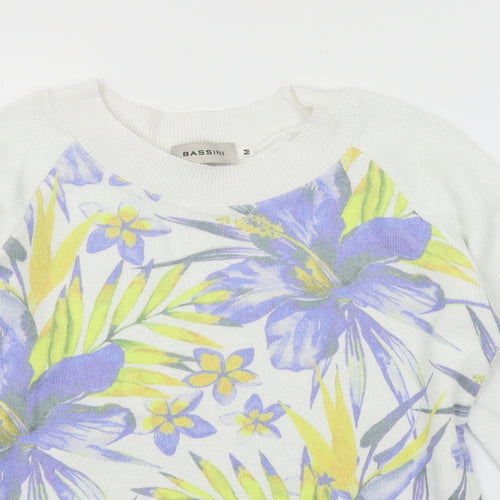 BASSINI Womens White Floral Knit Pullover Jumper Size M