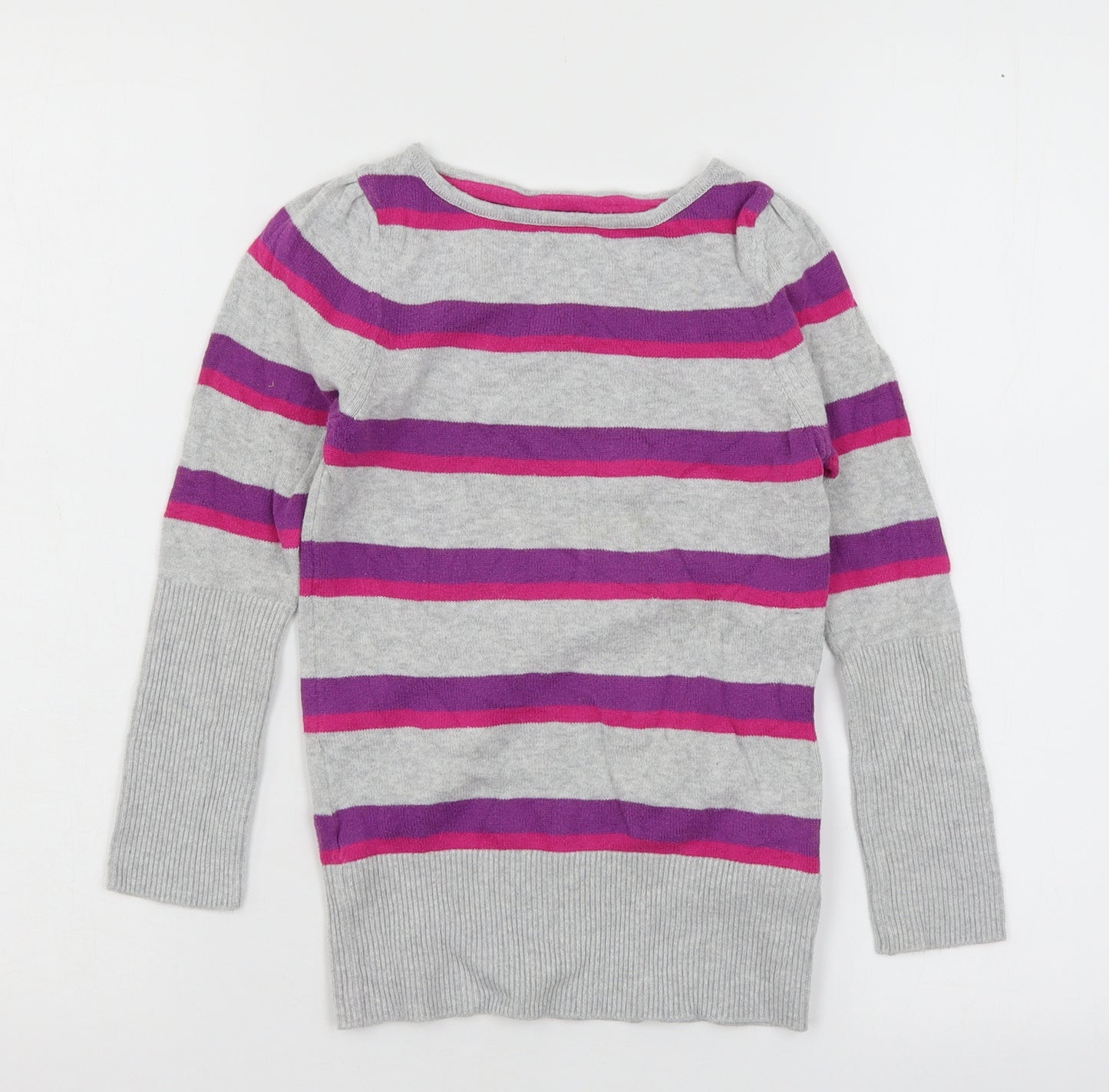 Marks and Spencer Girls Grey Striped Knit Pullover Jumper Size 5-6 Years