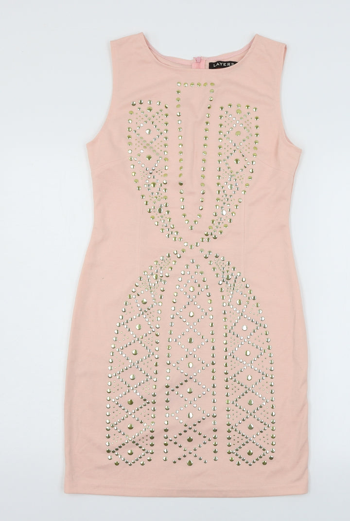 Layers Womens Pink Geometric Jersey Bodycon Size S