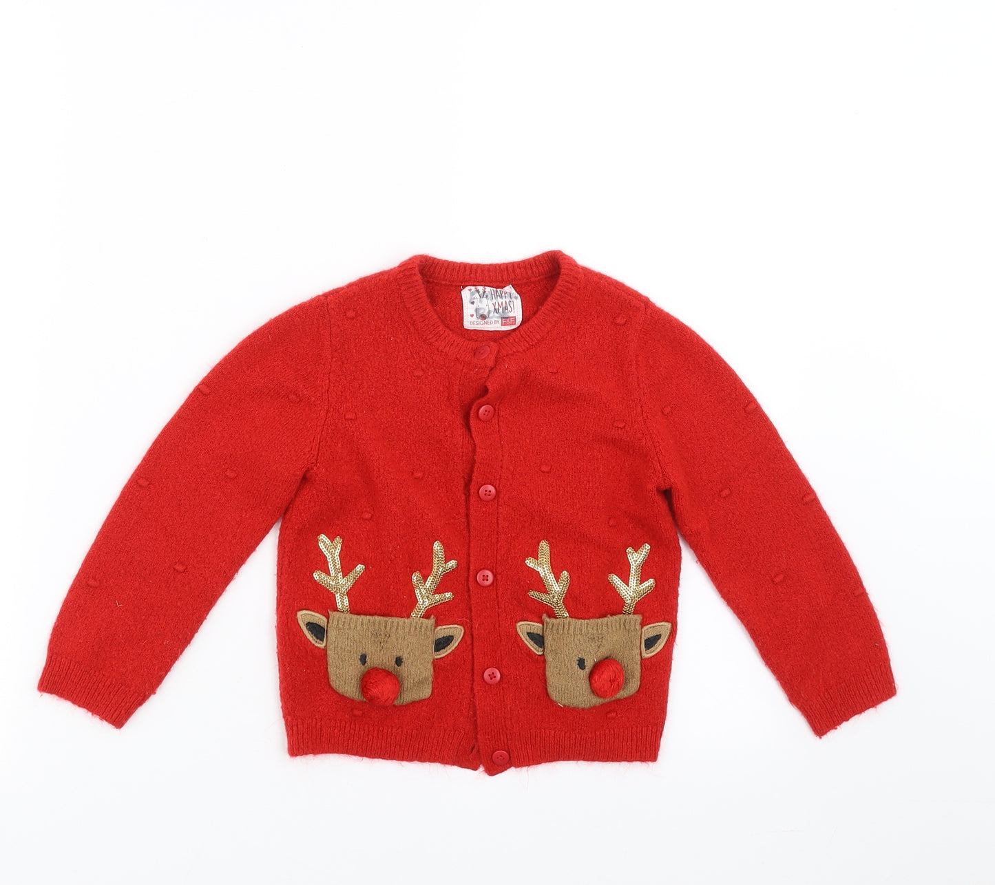 F&F Girls Red  Knit Cardigan Jumper Size 5-6 Years  - christmas