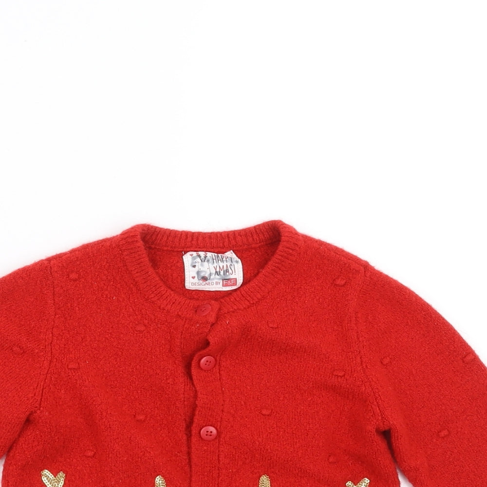 F&F Girls Red  Knit Cardigan Jumper Size 5-6 Years  - christmas