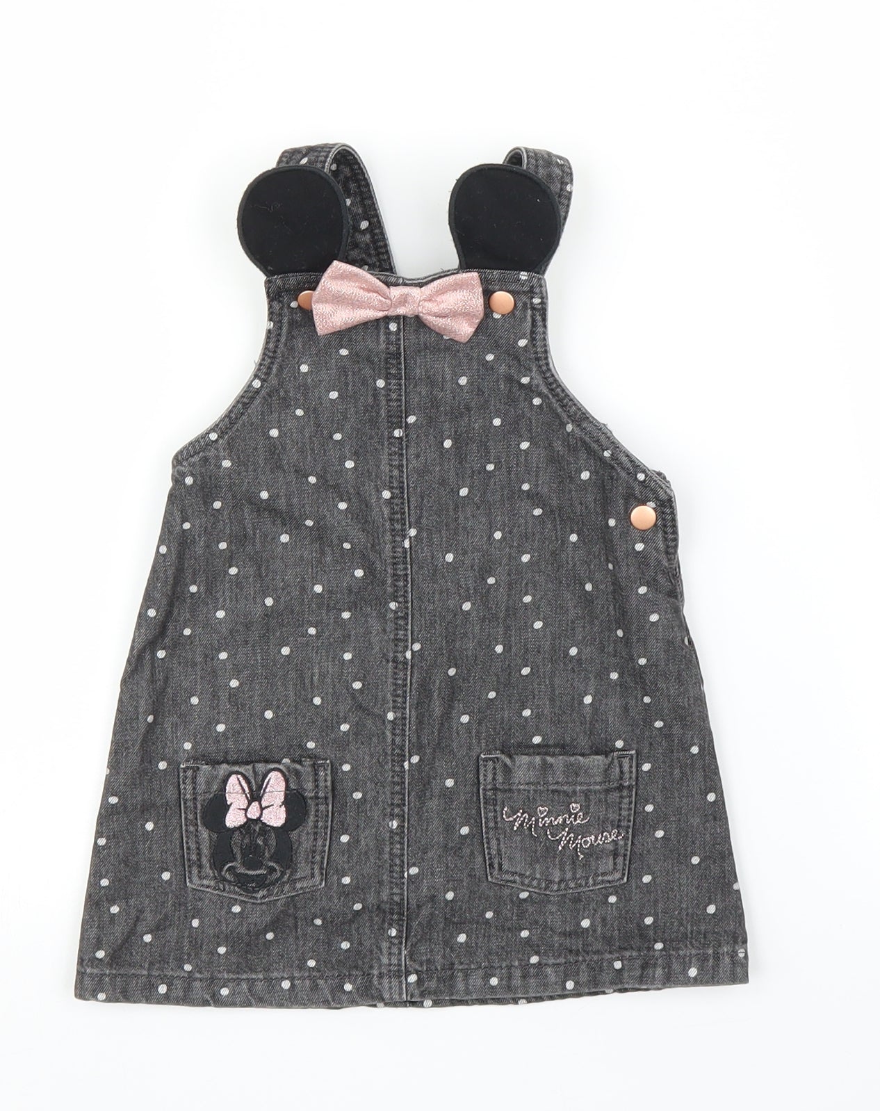 Disney Girls Grey  Denim Pinafore/Dungaree Dress  Size 9-12 Months  - Minnie Mouse