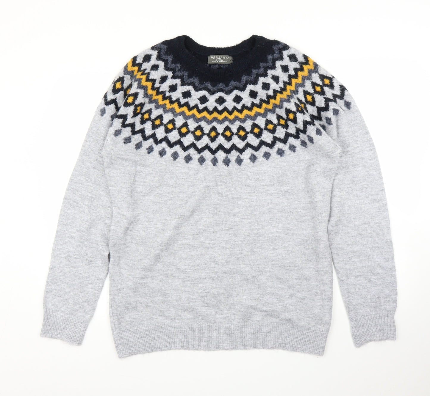 Primark Mens Grey Fair Isle  Pullover Jumper Size XL