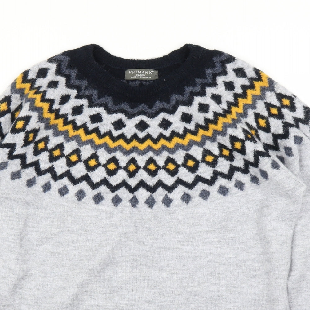 Primark Mens Grey Fair Isle  Pullover Jumper Size XL