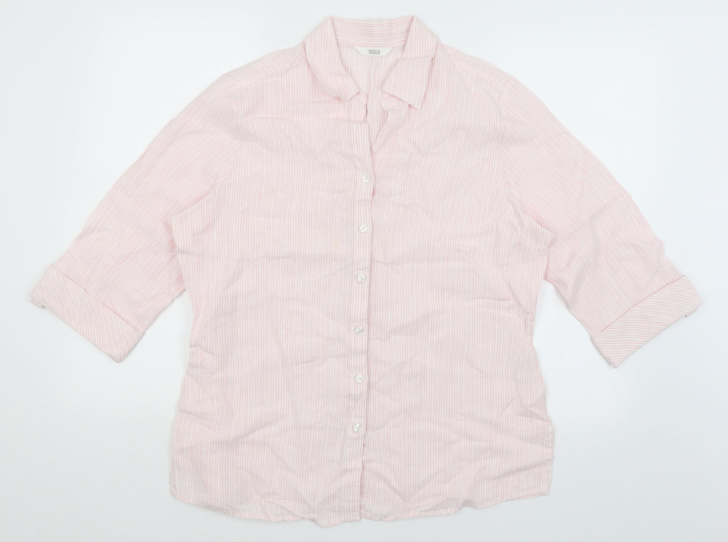 M&S Womens Pink Striped  Basic Button-Up Size 16