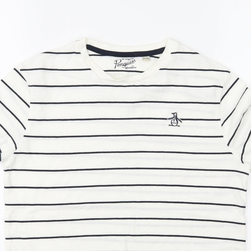 Penguin Boys White Striped  Basic T-Shirt Size 12 Years
