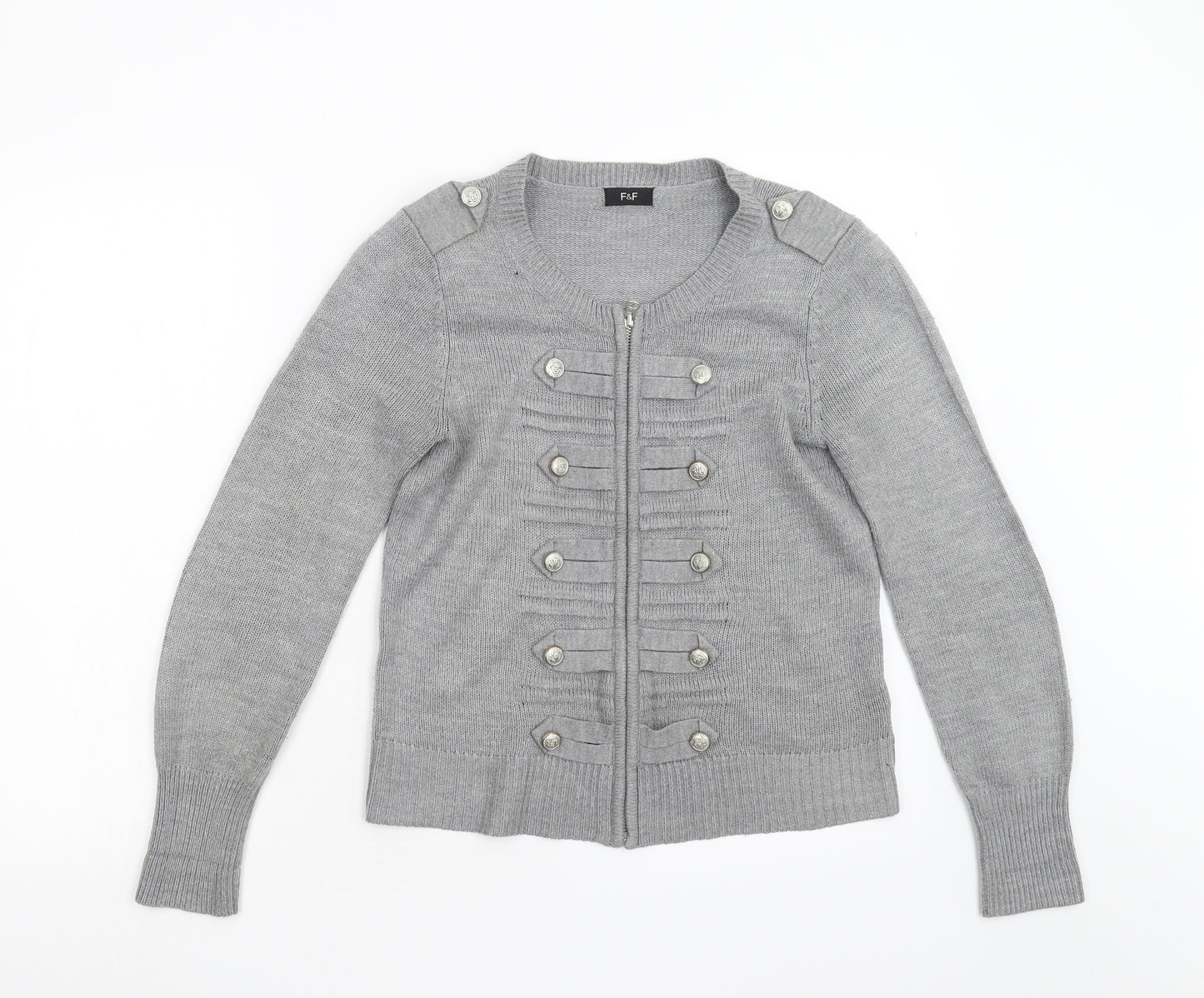 F&F Womens Grey  Knit Full Zip Jumper Size 10  - Military