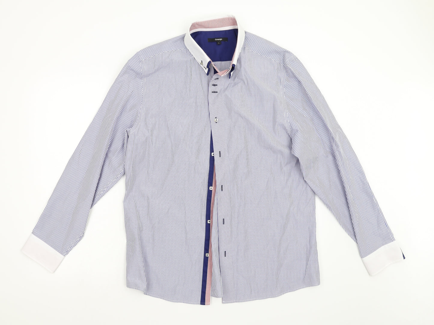 George Mens Blue Striped   Dress Shirt Size L