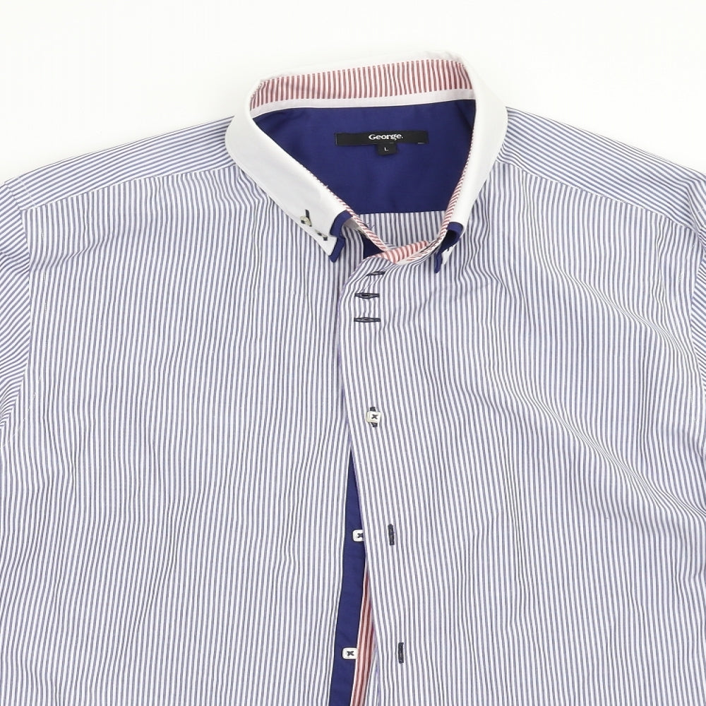 George Mens Blue Striped   Dress Shirt Size L